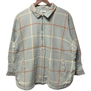 plaid flannel half zip long sleeve collared casual outdoor fall shirt w/ pockets